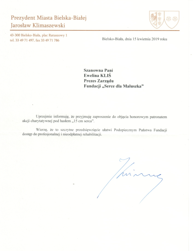 Honorowy patronat nad akcją objął pan Jarosław Klimaszewski - prezydent Bielska-Białej